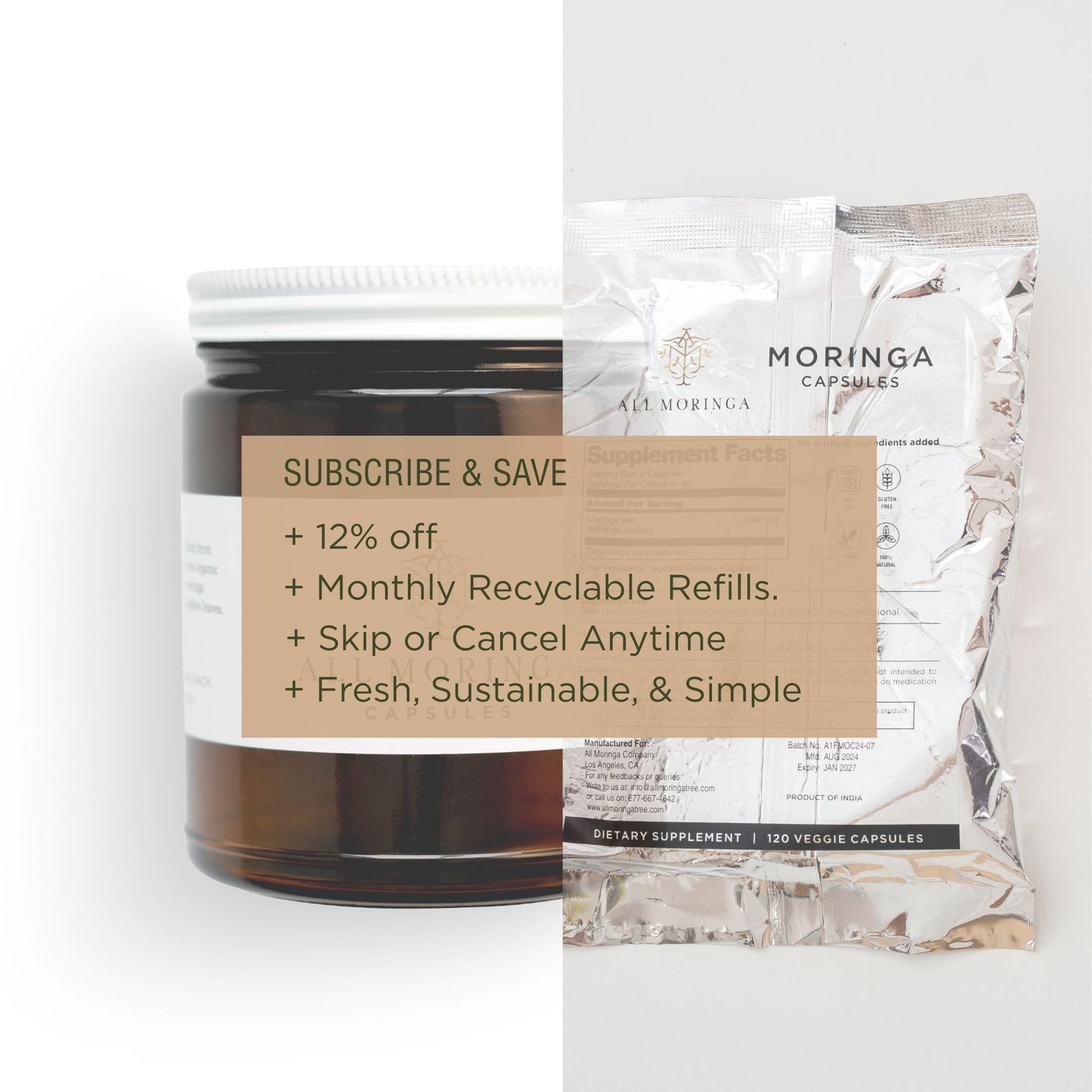 Premium Organic Moringa leaf Powder Supplements in Vegan Capsules 120ct in a Glass Jar. Non-GMO, Complete Green Superfood-4